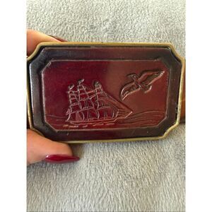BTS Vintage Brass & Leather Nautical Themed Belt Buckle & Belt sz 30-34”